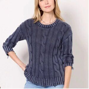 Evereve Oaklee Sweater Crew Neck Washed Navy Small Distressed Cable Knit Prep